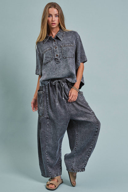 Washed Denim Utility Wide Leg Pants With Cargo Pockets: Pink / S-M-L