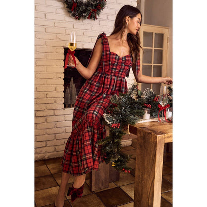 CHRISTMAS CHECK PLAID WOVEN HOLIDAY MIDI DRESS: RED MULTI / M
