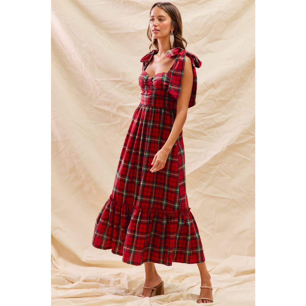 CHRISTMAS CHECK PLAID WOVEN HOLIDAY MIDI DRESS: RED MULTI / M