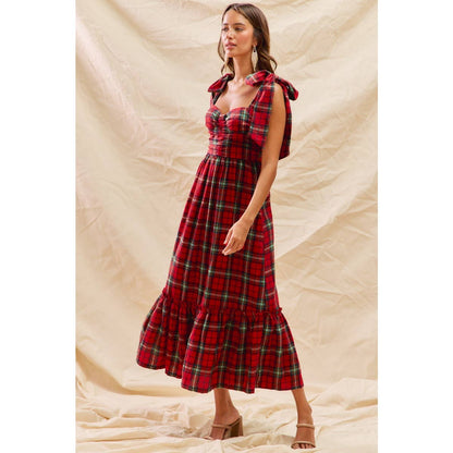 CHRISTMAS CHECK PLAID WOVEN HOLIDAY MIDI DRESS: RED MULTI / M