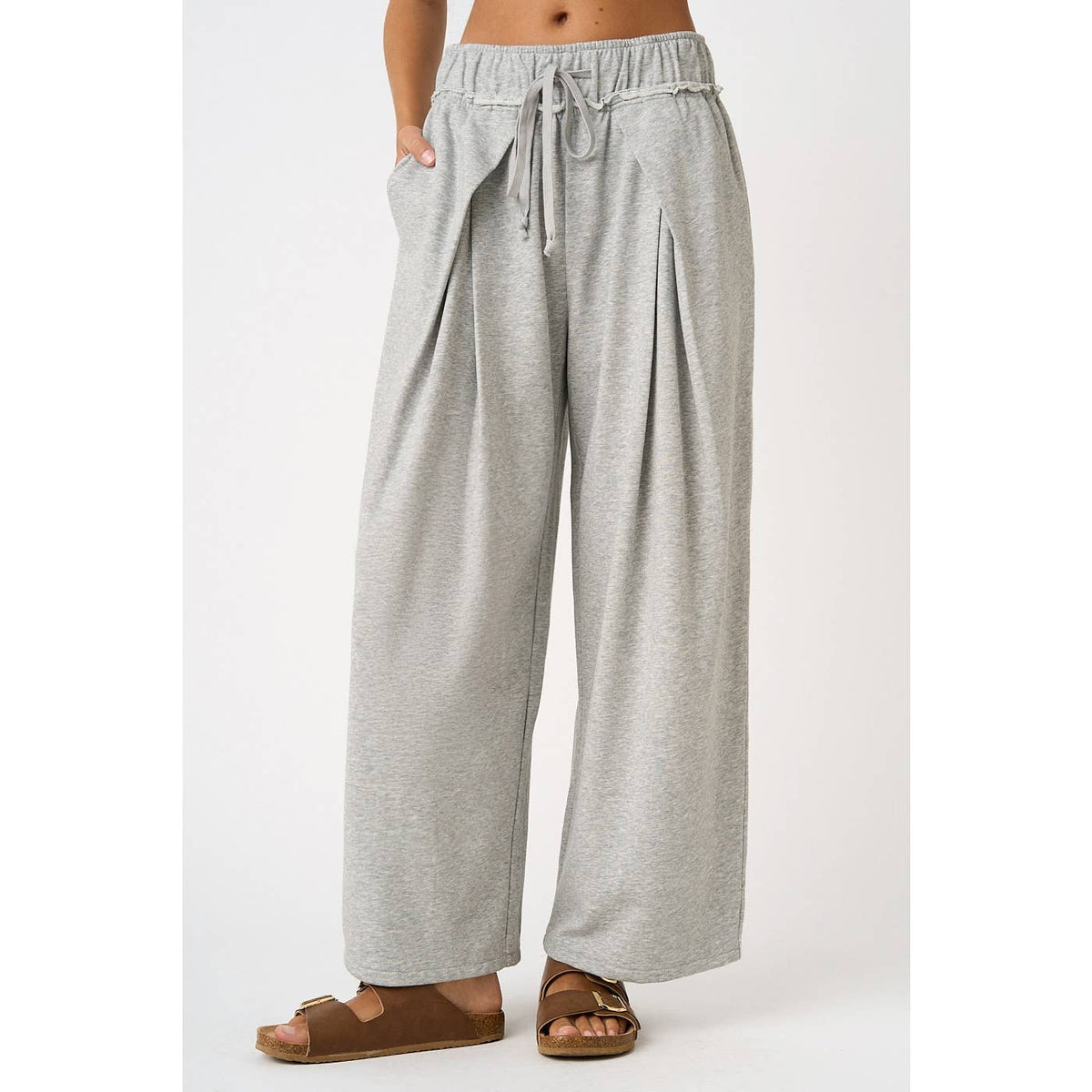 PLEATED FRONT ELASTIC WAIST WIDE LEG PANTS: H.GREY / S-M-L(2-2-2)