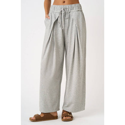 PLEATED FRONT ELASTIC WAIST WIDE LEG PANTS: H.GREY / S-M-L(2-2-2)