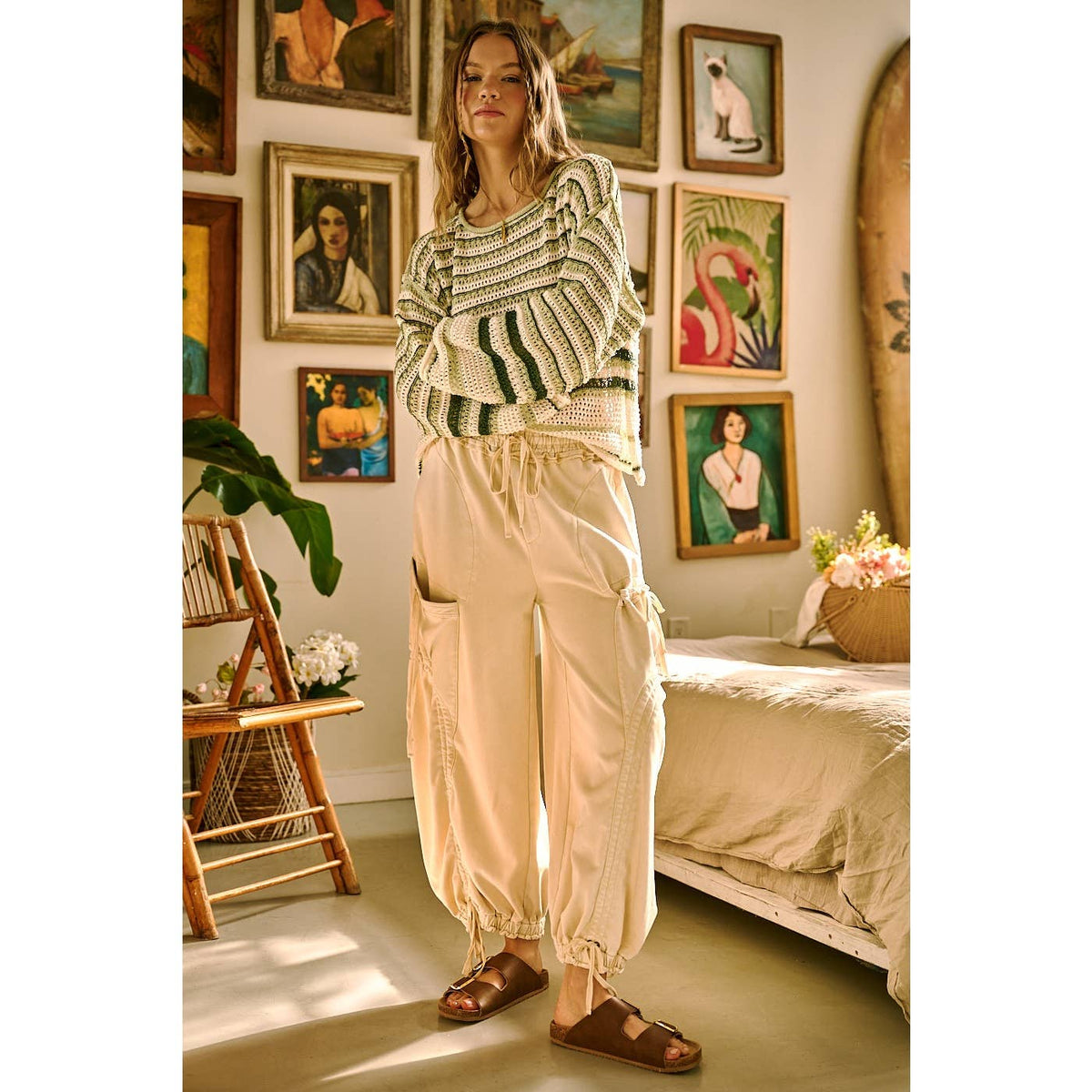 WASHED FRENCH TERRY DROP POCKET BALLOON PANTS: CAMEL / S-M-L(2-2-2)