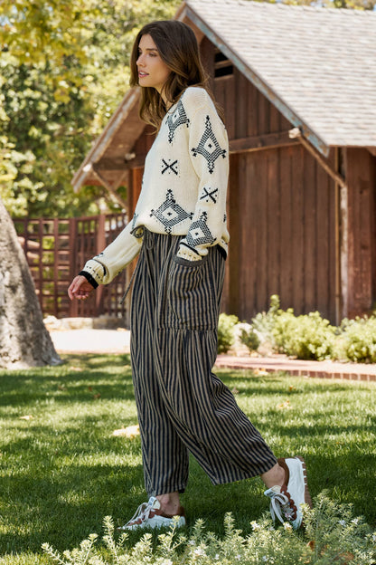 Striped Cotton Drawstring Harem Pants: Navy / S-M-L:2-2-2