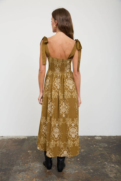 MEDALLION PATTERN TIE STRAP MIDI DRESS: DARK OLIVE MULTI