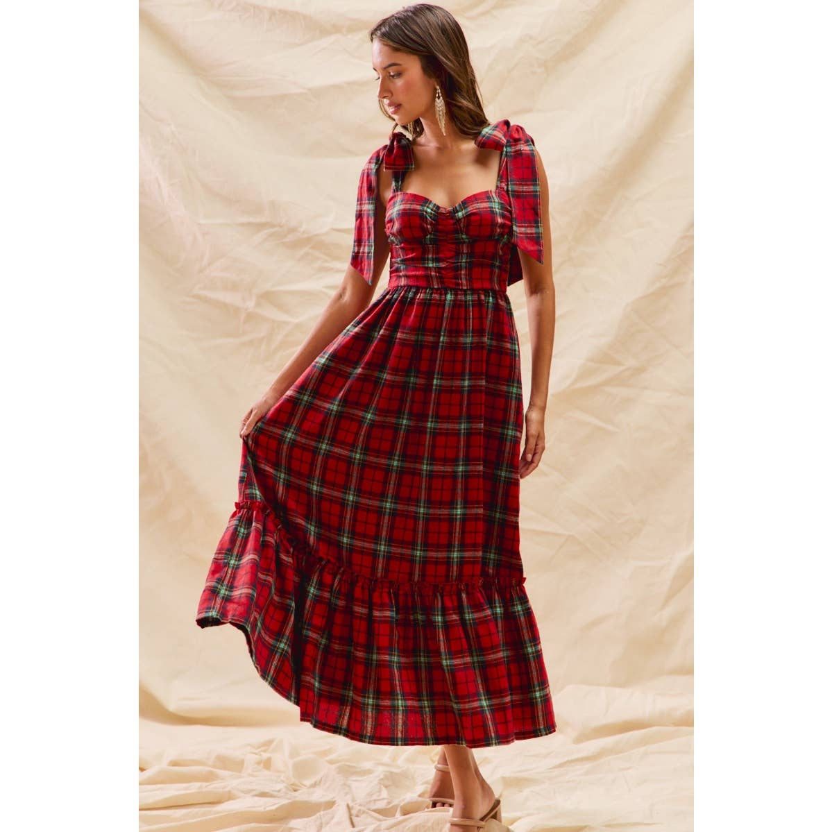 CHRISTMAS CHECK PLAID WOVEN HOLIDAY MIDI DRESS: RED MULTI / L