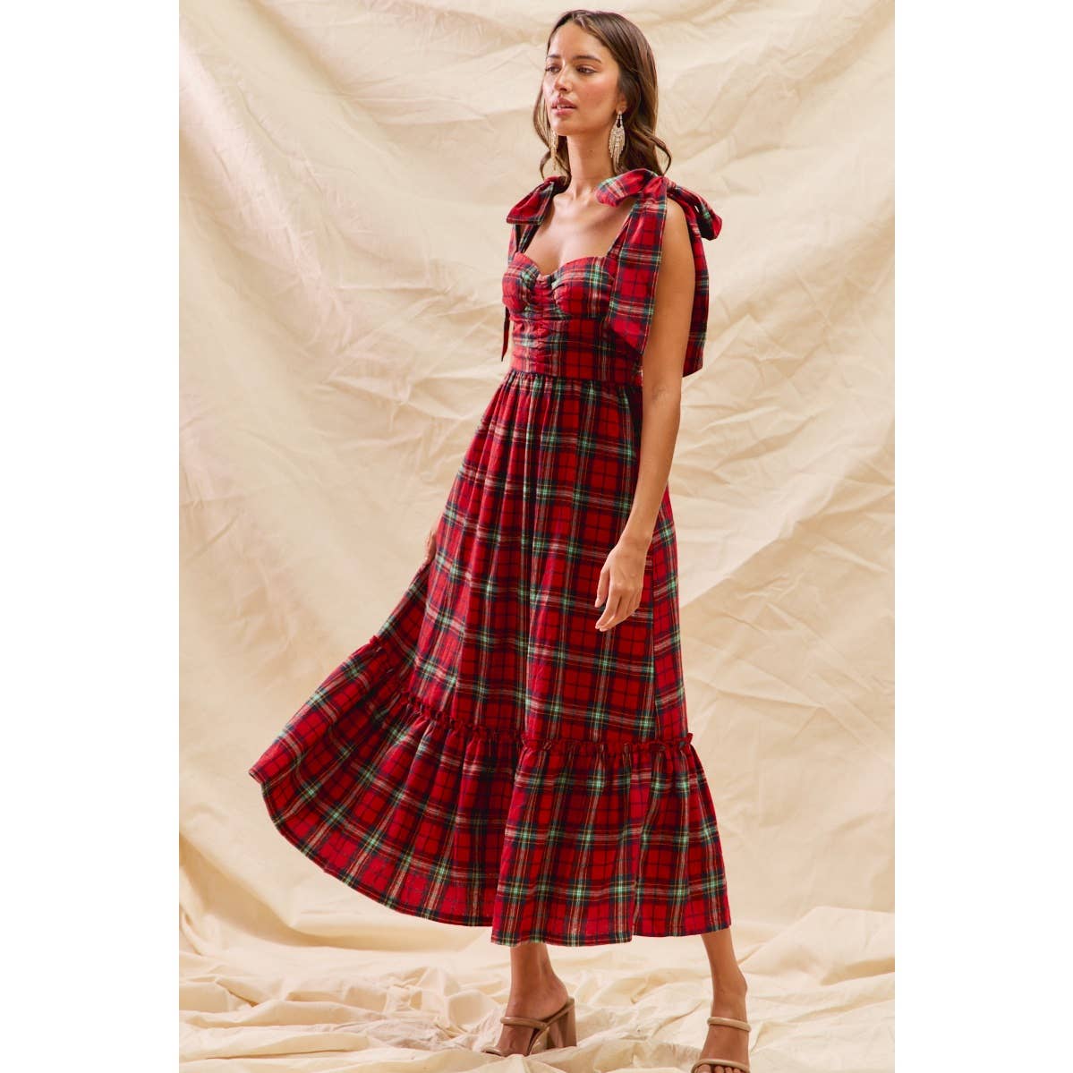 CHRISTMAS CHECK PLAID WOVEN HOLIDAY MIDI DRESS: RED MULTI / S