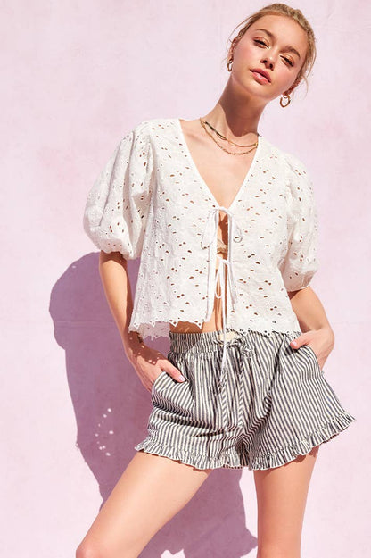 IM8278 - Striped Cotton Ruffle Shorts: BLUE / S-M-L (3-2-1)