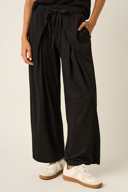 PLEATED FRONT ELASTIC WAIST WIDE LEG PANTS: H.GREY / S-M-L(2-2-2)