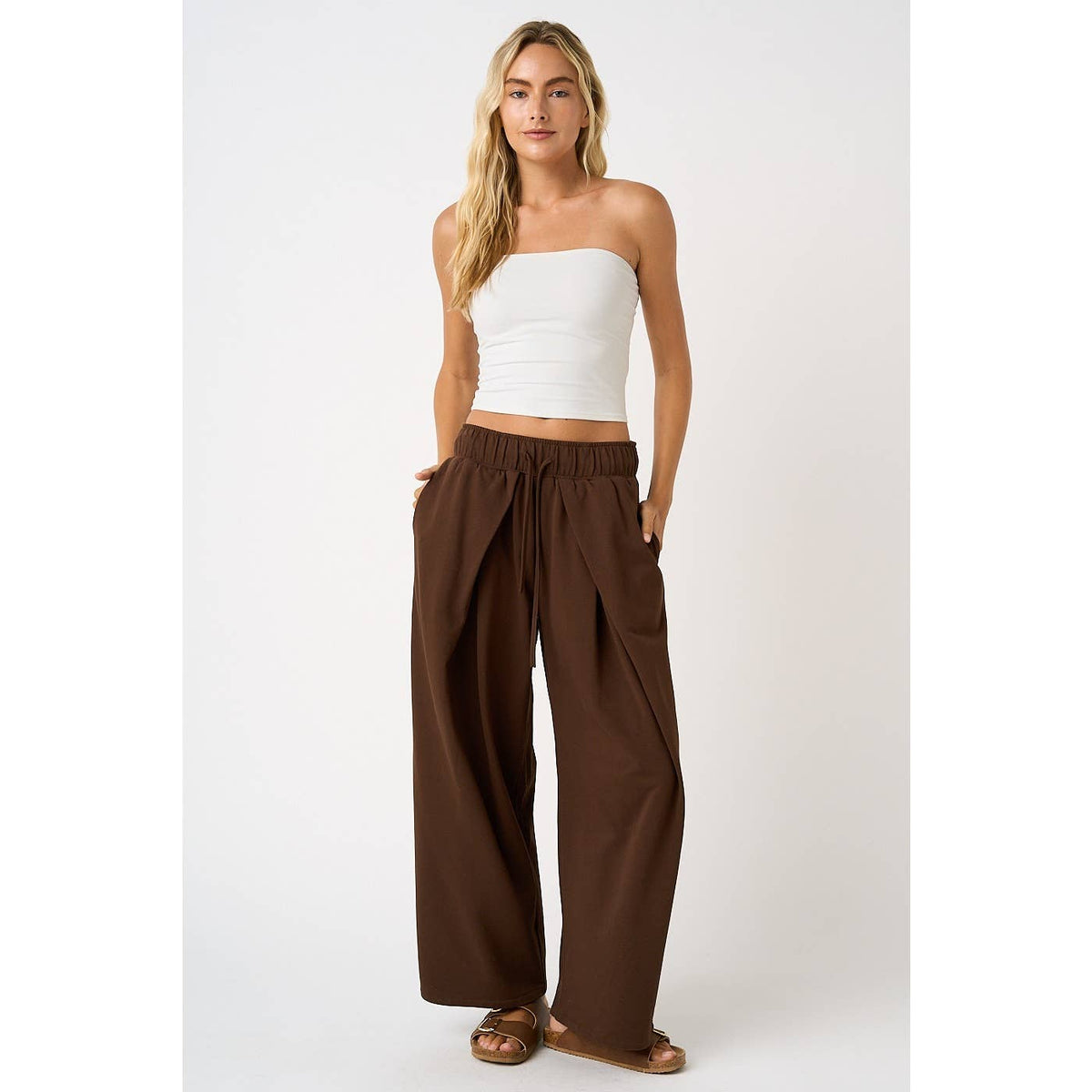 PLEATED FRONT ELASTIC WAIST WIDE LEG PANTS: H.GREY / S-M-L(2-2-2)