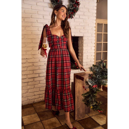CHRISTMAS CHECK PLAID WOVEN HOLIDAY MIDI DRESS: RED MULTI / S