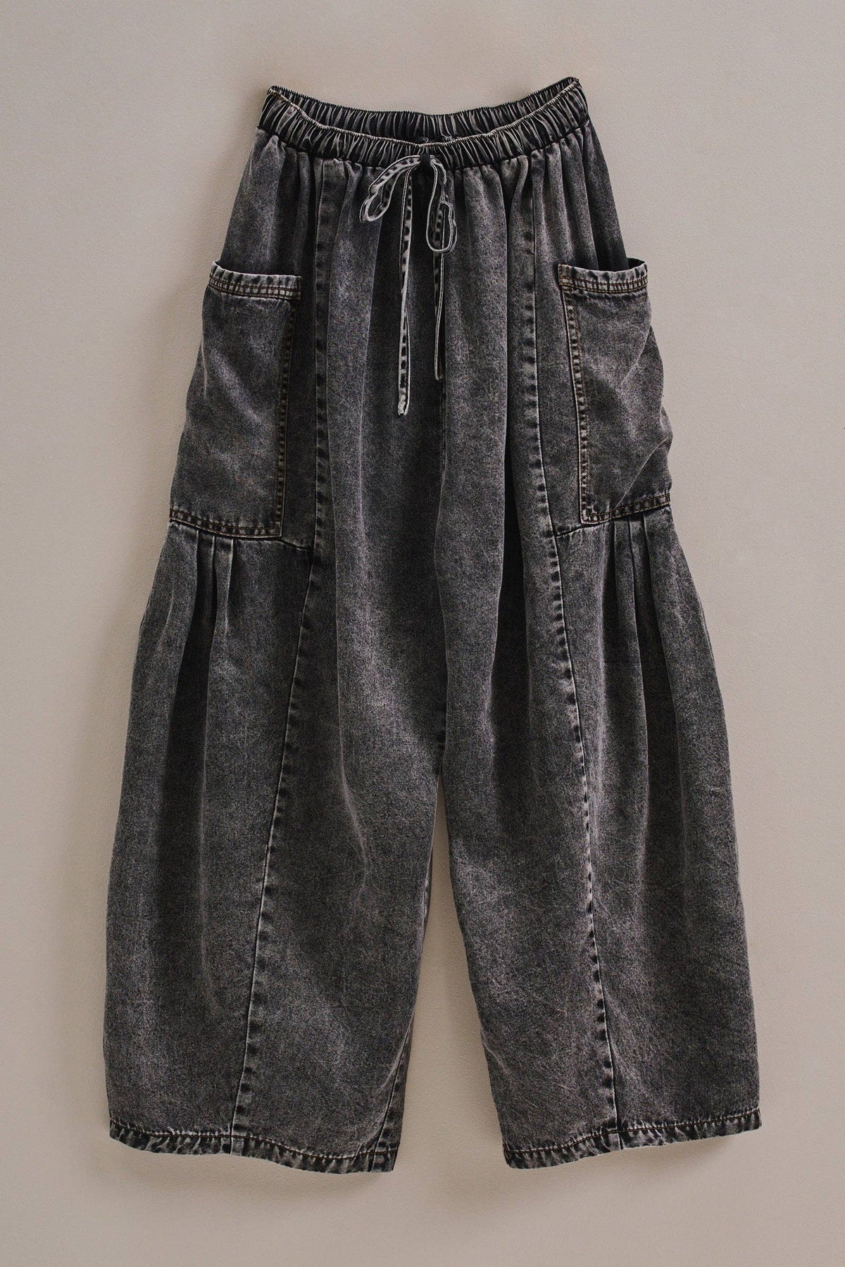 Washed Denim Utility Wide Leg Pants With Cargo Pockets: Pink / S-M-L