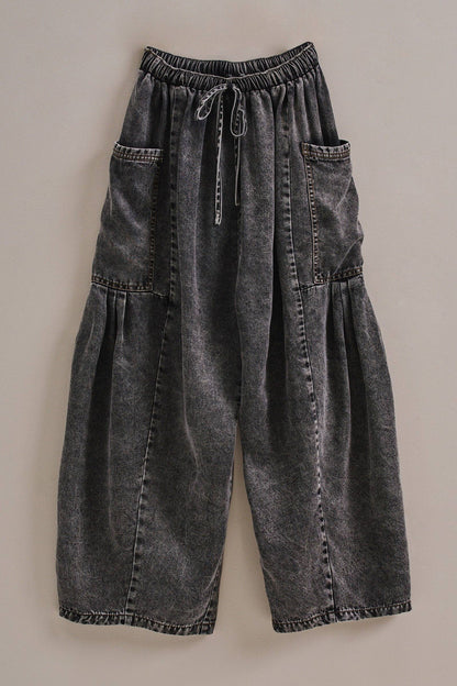 Washed Denim Utility Wide Leg Pants With Cargo Pockets: Pink / S-M-L