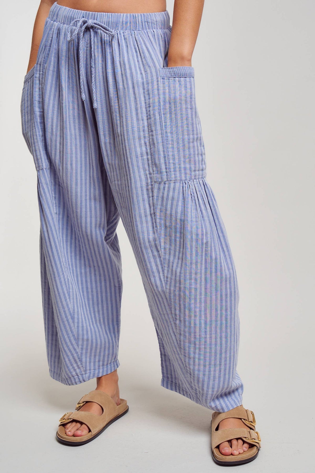Striped Cotton Drawstring Harem Pants: TAUPE / S-M-L:2-2-2