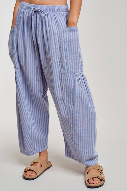 Striped Cotton Drawstring Harem Pants: Navy / S-M-L:2-2-2