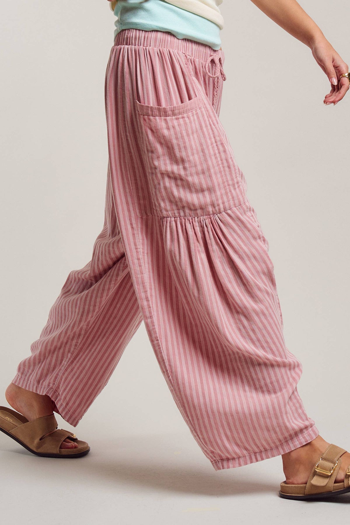 Striped Cotton Drawstring Harem Pants: Navy / S-M-L:2-2-2