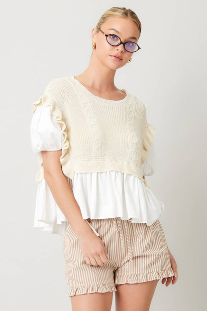 IM8278 - Striped Cotton Ruffle Shorts: BLUE / S-M-L (3-2-1)