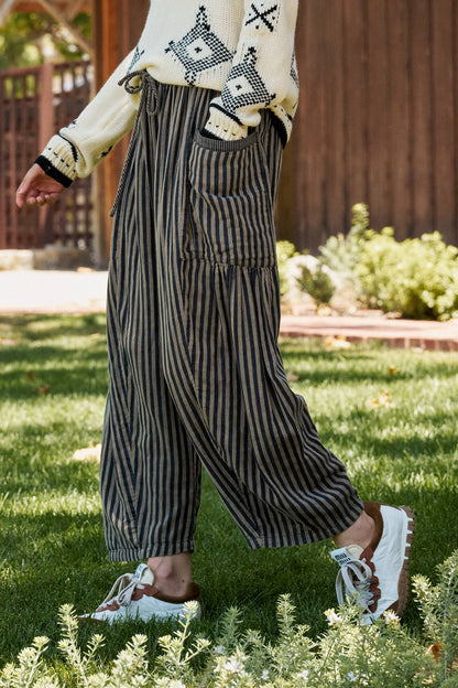 Striped Cotton Drawstring Harem Pants: Navy / S-M-L:2-2-2