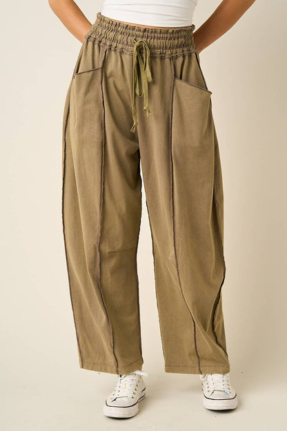 MINERAL WASH SEAM DETAIL PULL ON BARREL PANTS: HONEY GOLD / S-M-L(2-2-2)