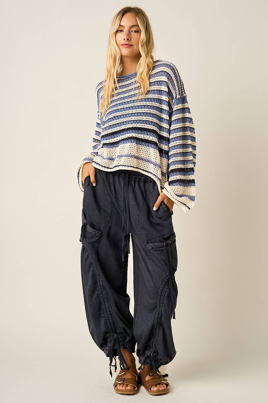 WASHED FRENCH TERRY DROP POCKET BALLOON PANTS: CAMEL / S-M-L(2-2-2)