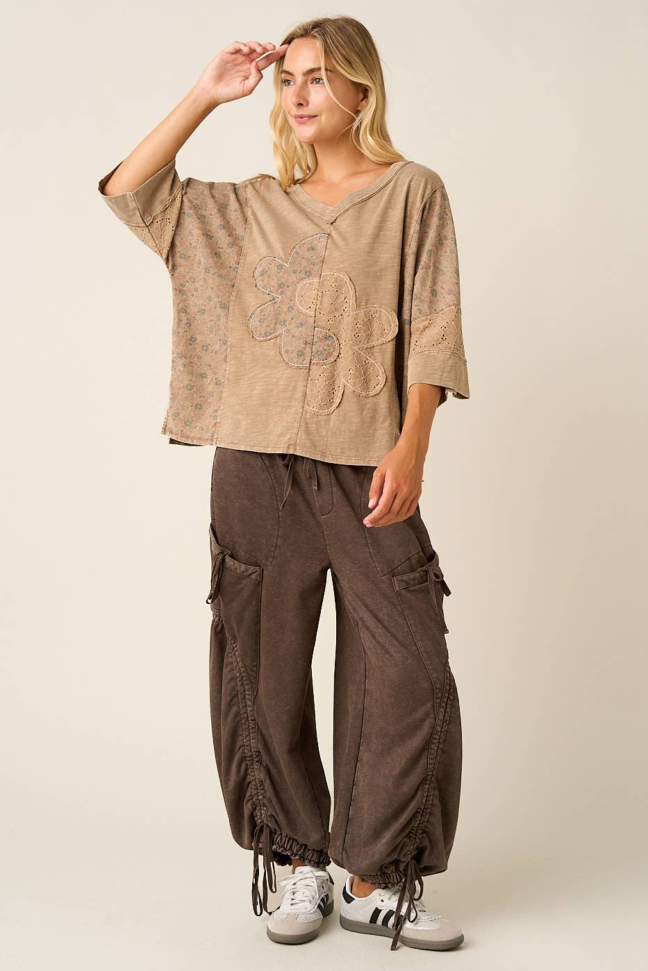 WASHED FRENCH TERRY DROP POCKET BALLOON PANTS: CAMEL / S-M-L(2-2-2)