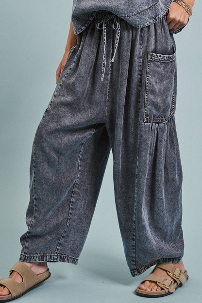 Washed Denim Utility Wide Leg Pants With Cargo Pockets: Pink / S-M-L