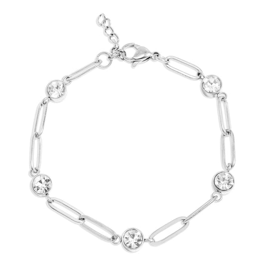 Silver CZ Stone Paperclip Bracelet