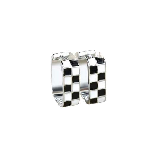 Silver Black and White Checkered Oval Huggie Earrings