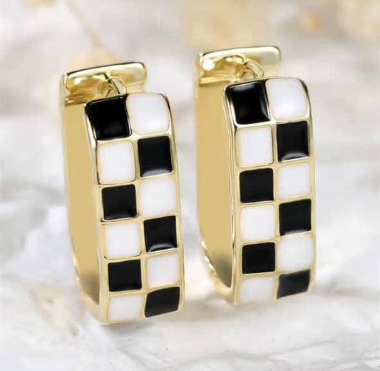 Gold Black and White Checkered Oval Huggie Earrings