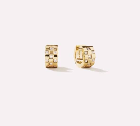 Gold CZ Checkered Huggie Earrings