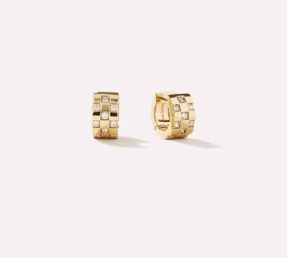 Gold CZ Checkered Huggie Earrings