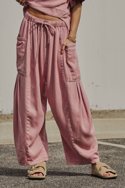 Washed Denim Utility Wide Leg Pants With Cargo Pockets: Pink / S-M-L