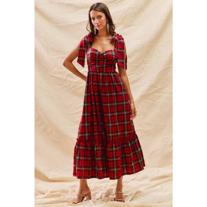 CHRISTMAS CHECK PLAID WOVEN HOLIDAY MIDI DRESS: RED MULTI / XL