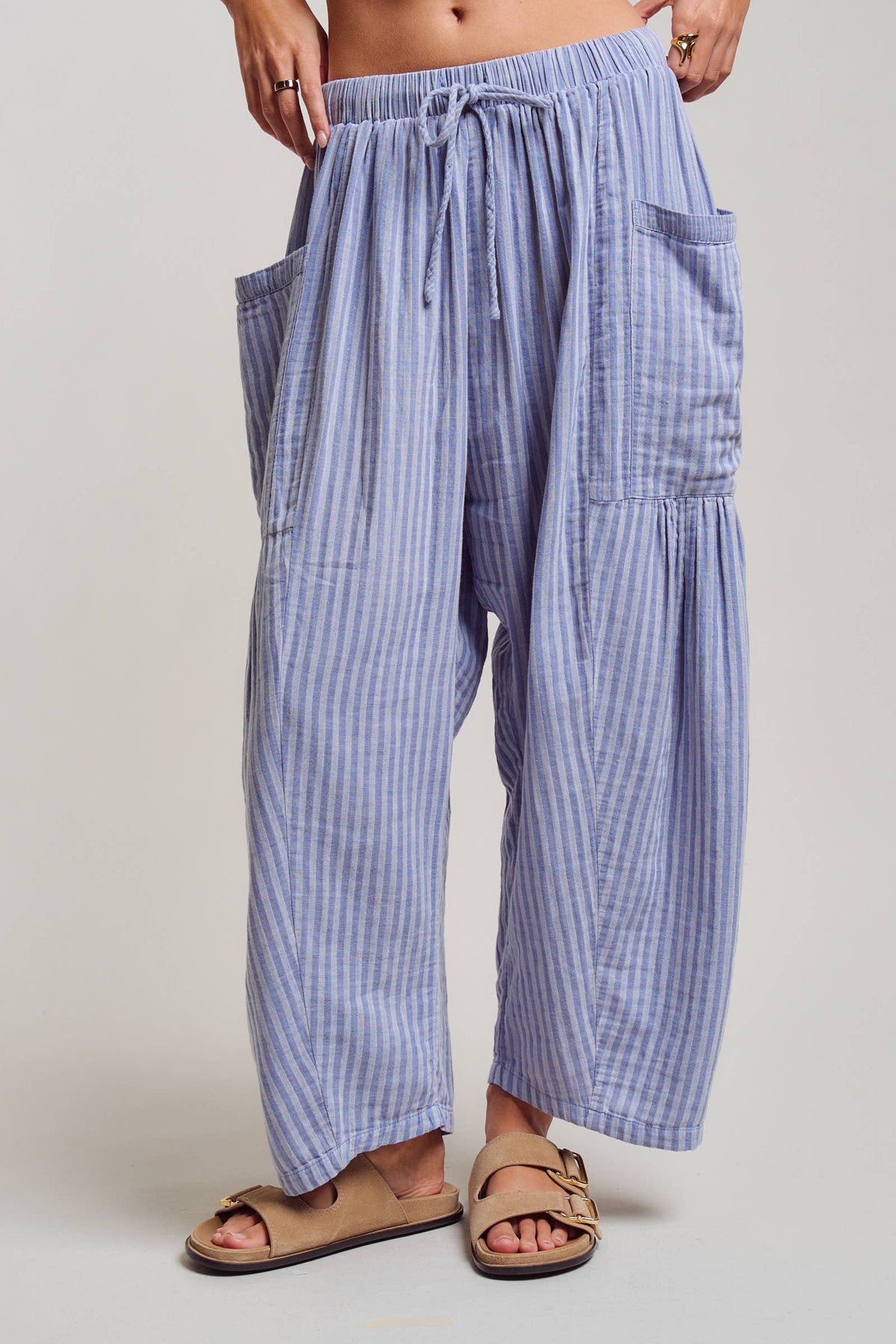 Striped Cotton Drawstring Harem Pants: TAUPE / S-M-L:2-2-2