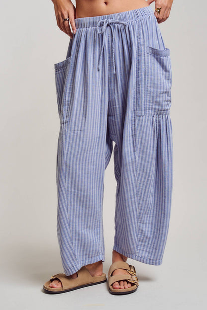 Striped Cotton Drawstring Harem Pants: TAUPE / S-M-L:2-2-2