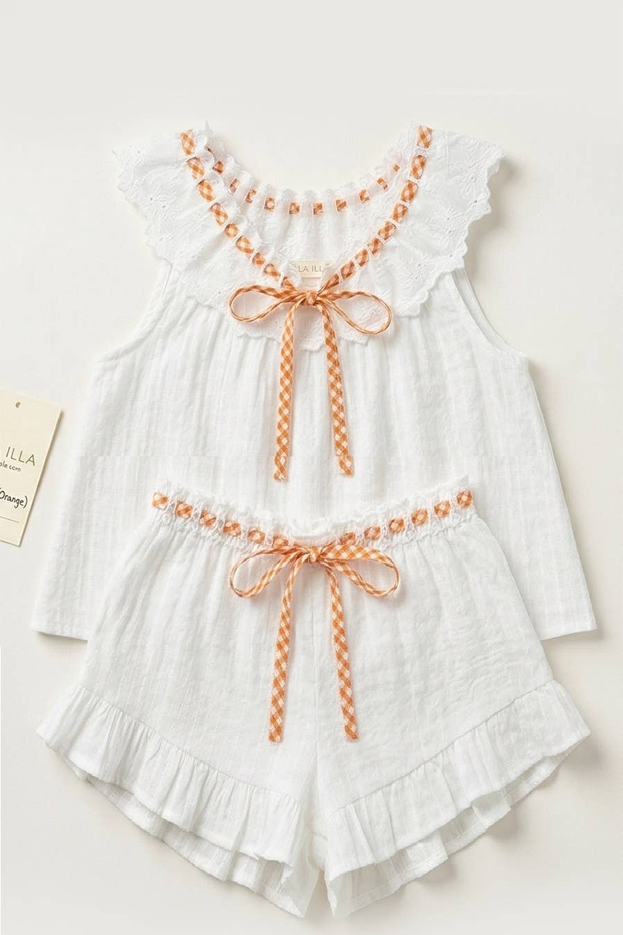 IT1192 -Contrast Trim Tie Strap 2 Piece Short Set: WHITE/ORANGE / S-M-L (3-2-1)