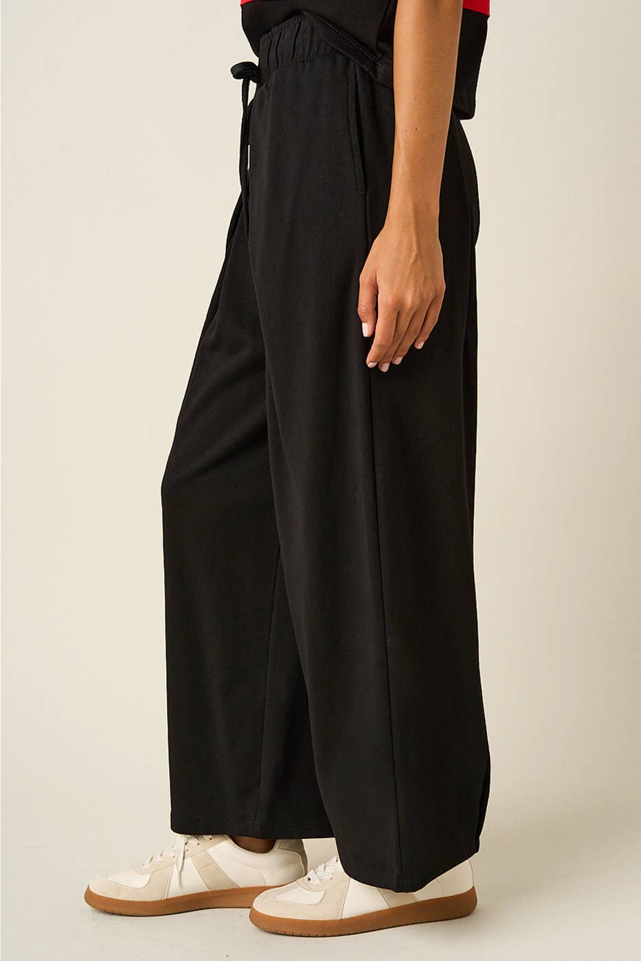 PLEATED FRONT ELASTIC WAIST WIDE LEG PANTS: H.GREY / S-M-L(2-2-2)