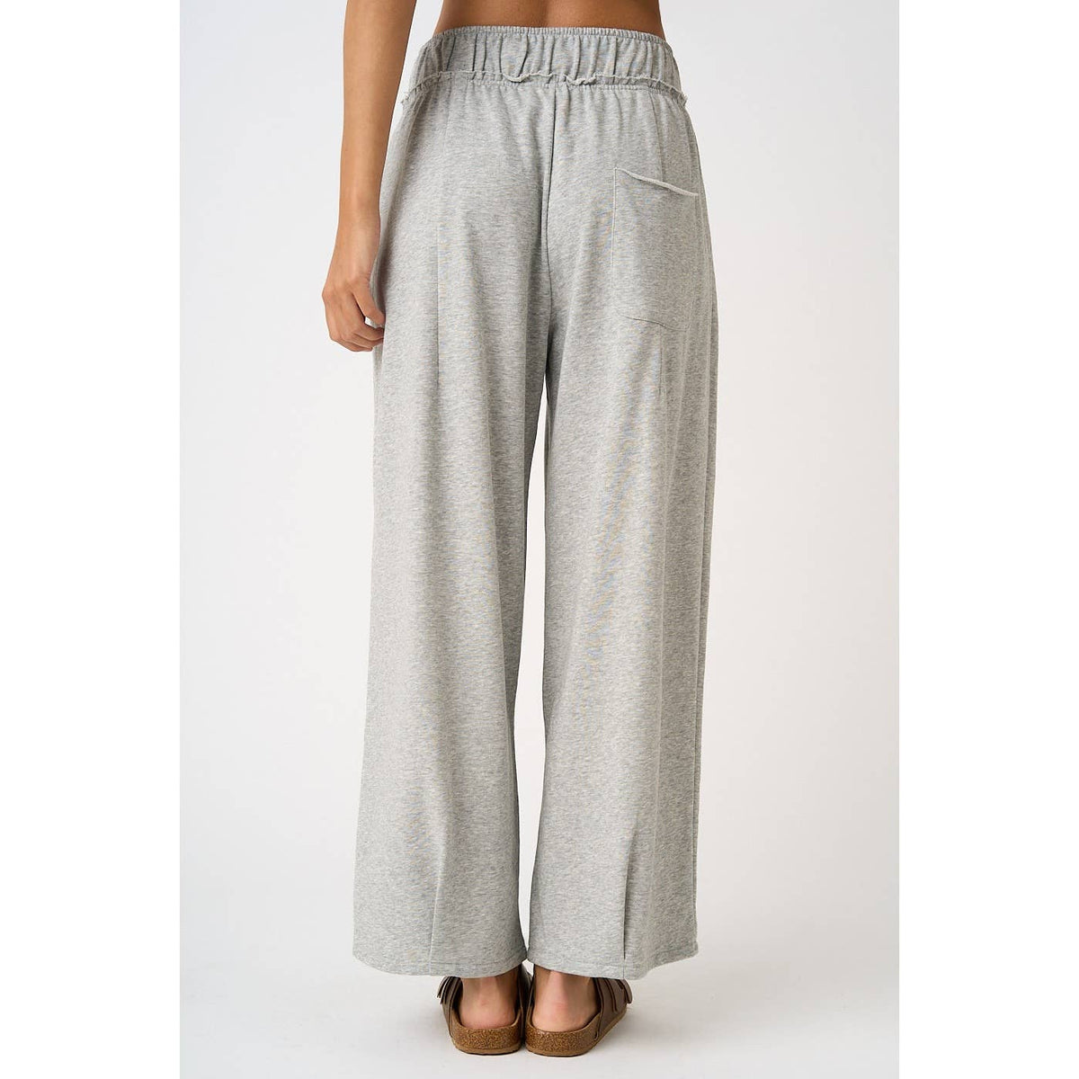 PLEATED FRONT ELASTIC WAIST WIDE LEG PANTS: H.GREY / S-M-L(2-2-2)