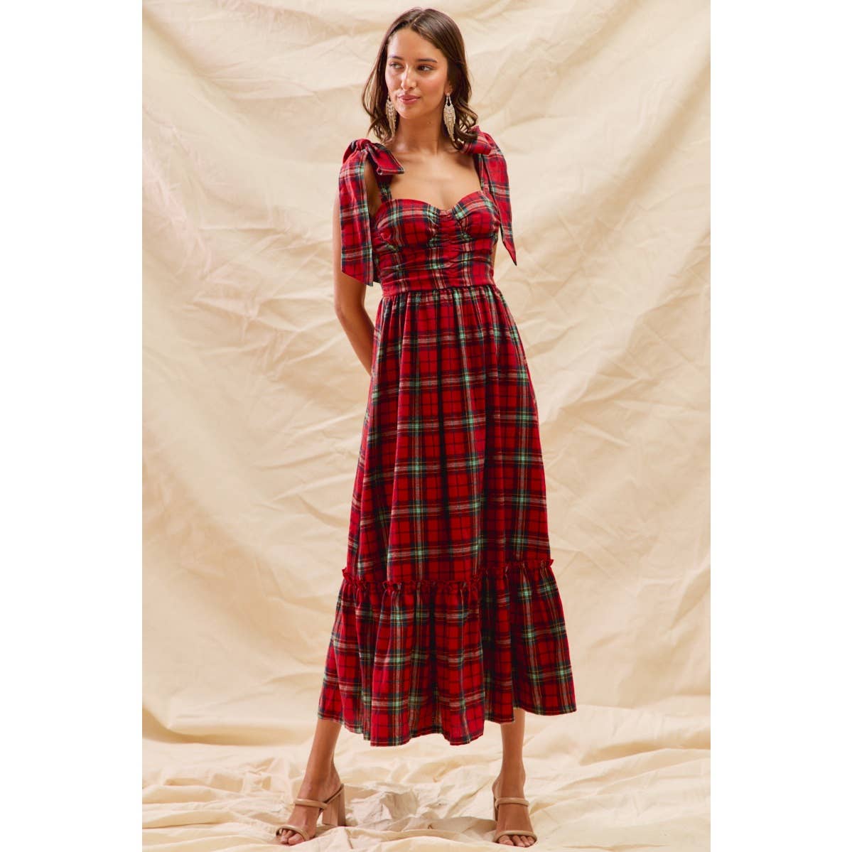 CHRISTMAS CHECK PLAID WOVEN HOLIDAY MIDI DRESS: RED MULTI / L