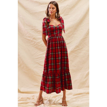 CHRISTMAS CHECK PLAID WOVEN HOLIDAY MIDI DRESS: RED MULTI / M