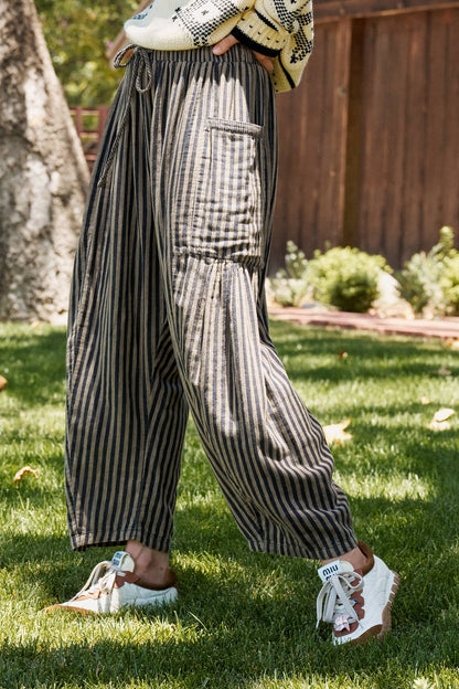 Striped Cotton Drawstring Harem Pants: TAUPE / S-M-L:2-2-2