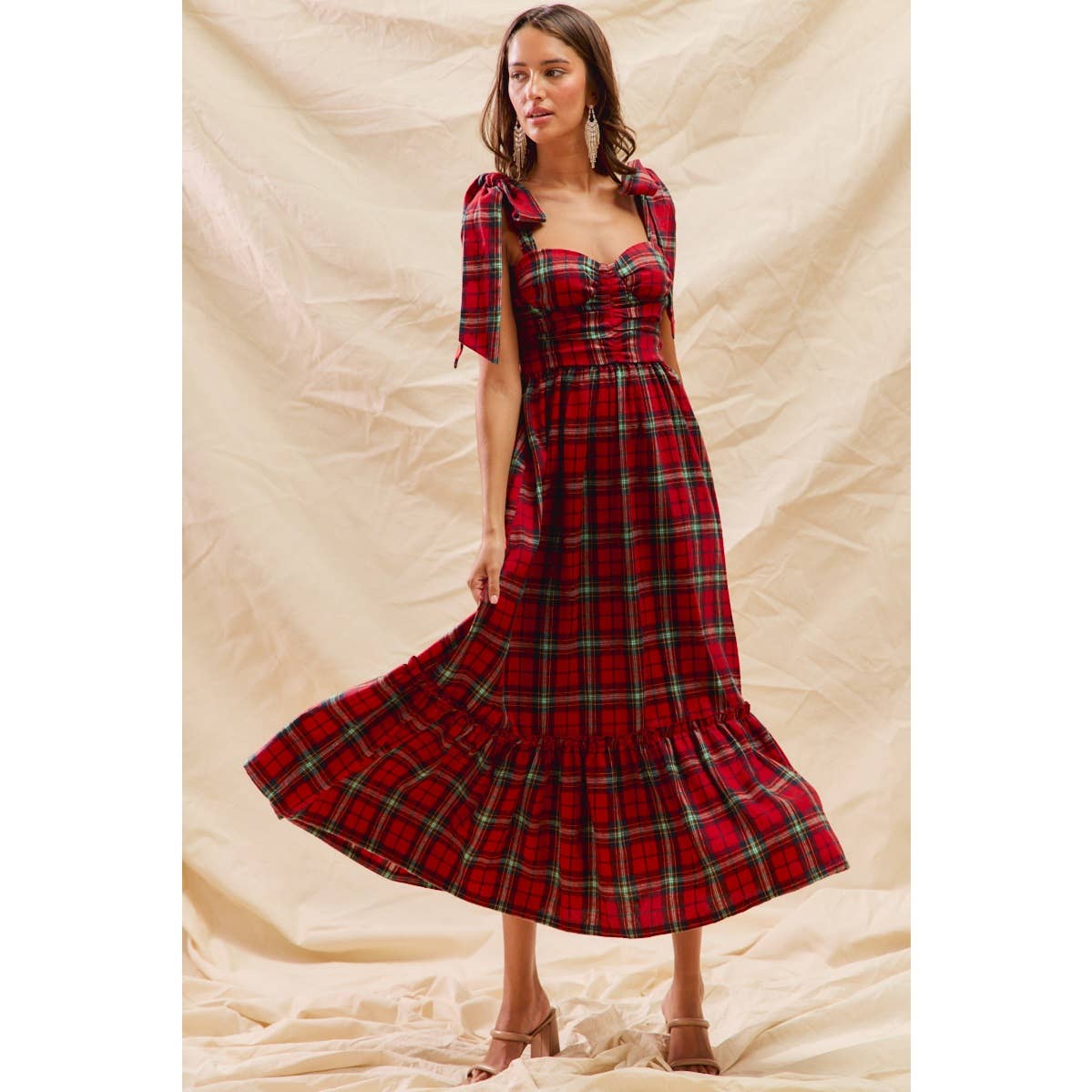 CHRISTMAS CHECK PLAID WOVEN HOLIDAY MIDI DRESS: RED MULTI / S