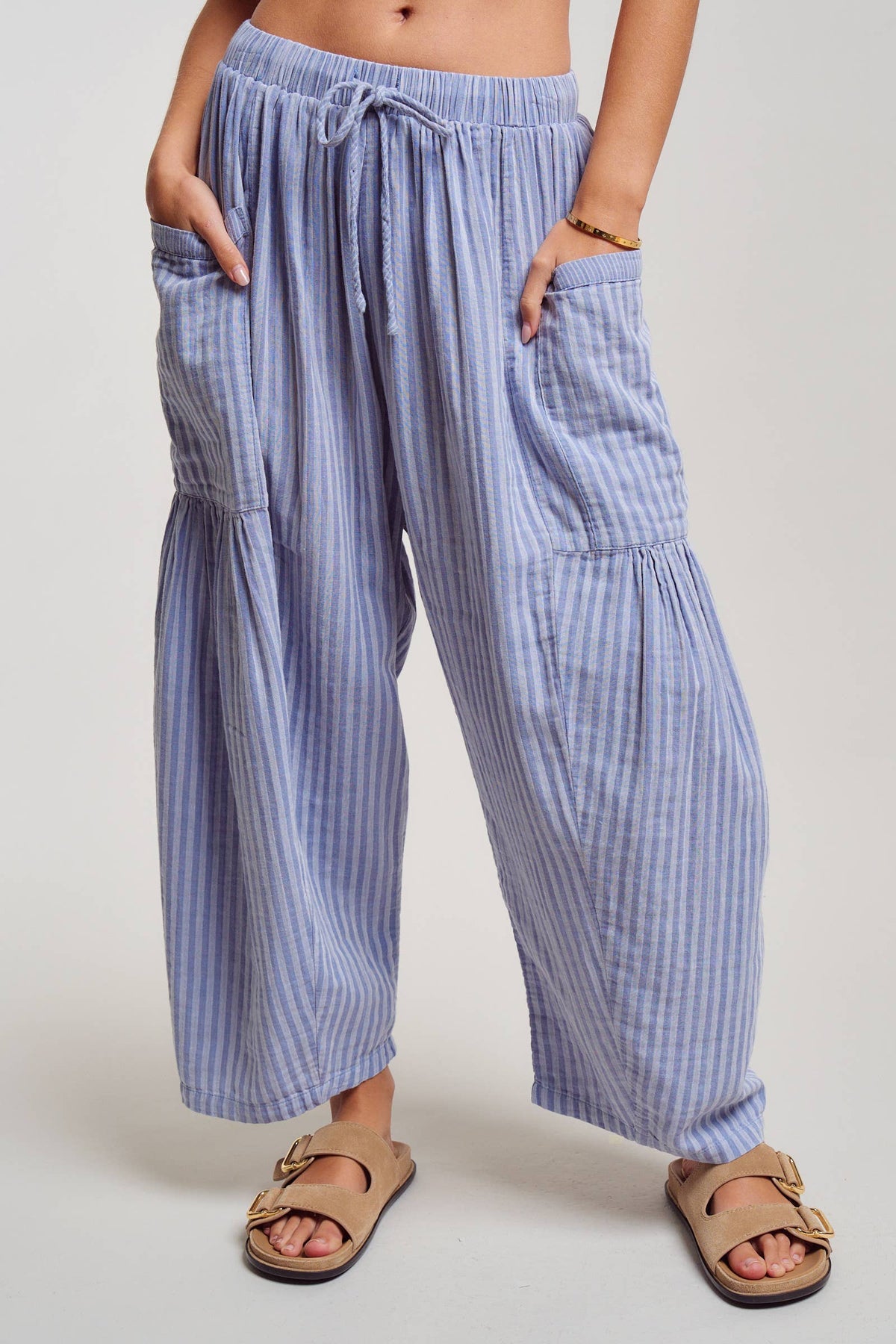 Striped Cotton Drawstring Harem Pants: Navy / S-M-L:2-2-2