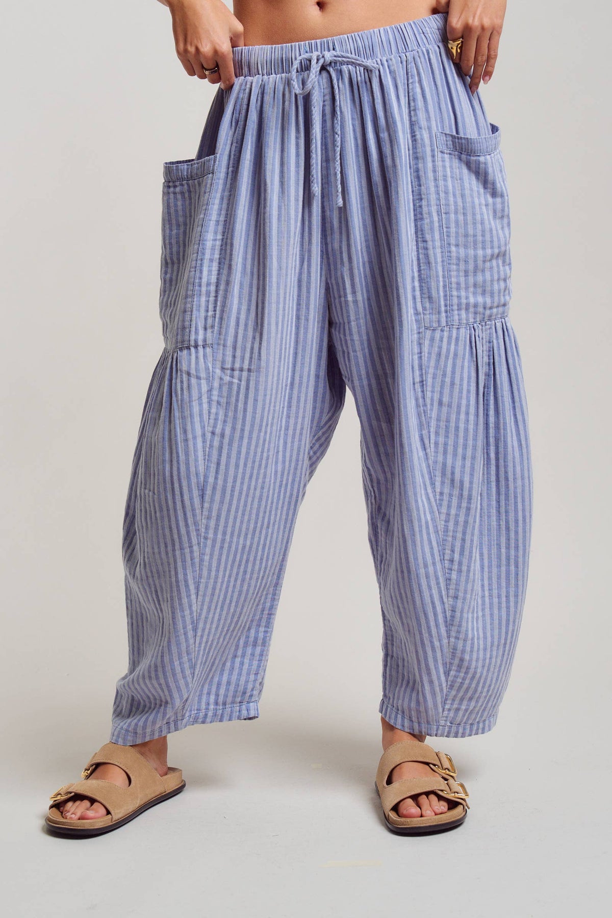 Striped Cotton Drawstring Harem Pants: TAUPE / S-M-L:2-2-2
