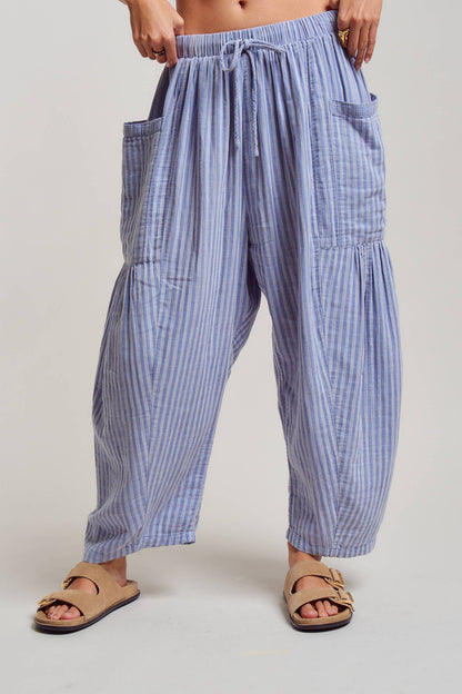 Striped Cotton Drawstring Harem Pants: Navy / S-M-L:2-2-2