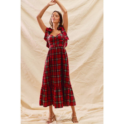CHRISTMAS CHECK PLAID WOVEN HOLIDAY MIDI DRESS: RED MULTI / S