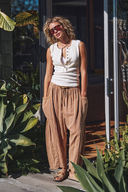 Striped Cotton Drawstring Harem Pants: TAUPE / S-M-L:2-2-2