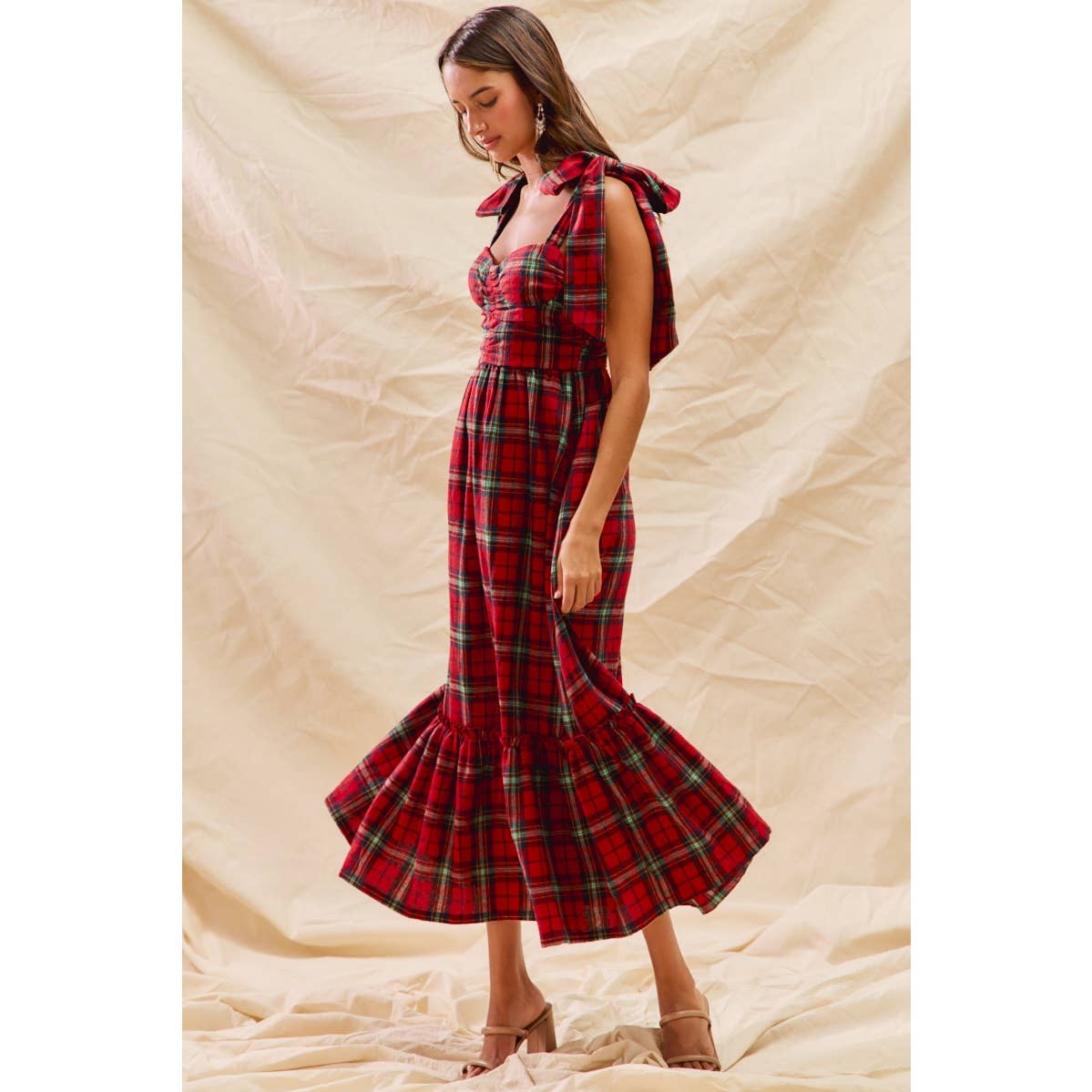CHRISTMAS CHECK PLAID WOVEN HOLIDAY MIDI DRESS: RED MULTI / L