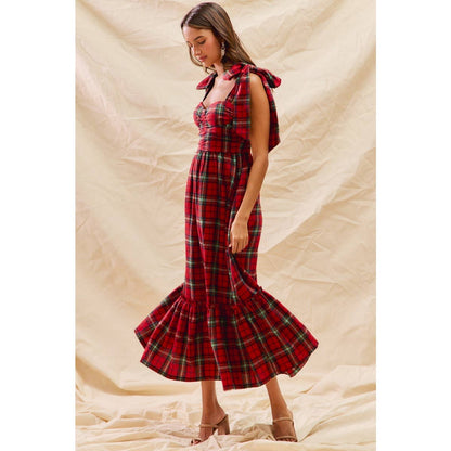 CHRISTMAS CHECK PLAID WOVEN HOLIDAY MIDI DRESS: RED MULTI / M