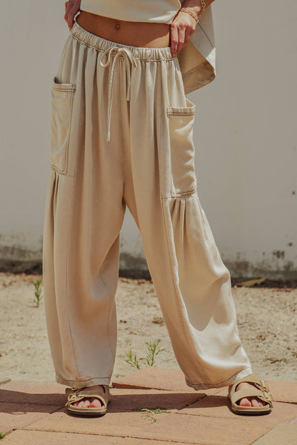 Washed Denim Utility Wide Leg Pants With Cargo Pockets: Pink / S-M-L